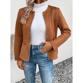 Cozy Solid Zip-Up Crew Neck Jacket - Long Sleeve, Casual, Water-Resistant, Windbreaker Outerwear for Women - Perfect for Spring and Fall Seasons, Daily Life, Outdoor Activities, and Travel