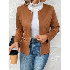 Cozy Solid Zip-Up Crew Neck Jacket - Long Sleeve, Casual, Water-Resistant, Windbreaker Outerwear for Women - Perfect for Spring and Fall Seasons, Daily Life, Outdoor Activities, and Travel