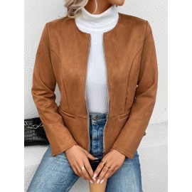 Cozy Solid Zip-Up Crew Neck Jacket - Long Sleeve, Casual, Water-Resistant, Windbreaker Outerwear for Women - Perfect for Spring and Fall Seasons, Daily Life, Outdoor Activities, and Travel