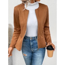 Cozy Solid Zip-Up Crew Neck Jacket - Long Sleeve, Casual, Water-Resistant, Windbreaker Outerwear for Women - Perfect for Spring and Fall Seasons, Daily Life, Outdoor Activities, and Travel