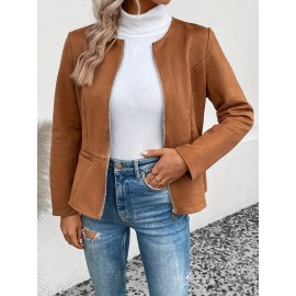 Cozy Solid Zip-Up Crew Neck Jacket - Long Sleeve, Casual, Water-Resistant, Windbreaker Outerwear for Women - Perfect for Spring and Fall Seasons, Daily Life, Outdoor Activities, and Travel