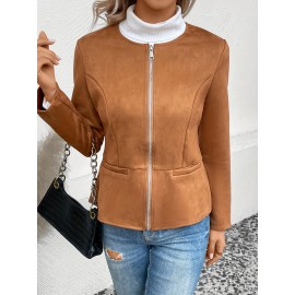Cozy Solid Zip-Up Crew Neck Jacket - Long Sleeve, Casual, Water-Resistant, Windbreaker Outerwear for Women - Perfect for Spring and Fall Seasons, Daily Life, Outdoor Activities, and Travel