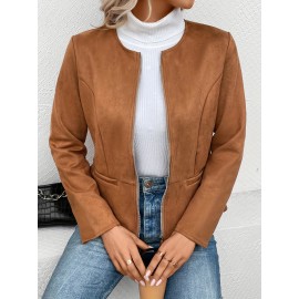 Cozy Solid Zip-Up Crew Neck Jacket - Long Sleeve, Casual, Water-Resistant, Windbreaker Outerwear for Women - Perfect for Spring and Fall Seasons, Daily Life, Outdoor Activities, and Travel