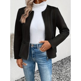 Cozy Solid Zip-Up Crew Neck Jacket - Long Sleeve, Casual, Water-Resistant, Windbreaker Outerwear for Women - Perfect for Spring and Fall Seasons, Daily Life, Outdoor Activities, and Travel