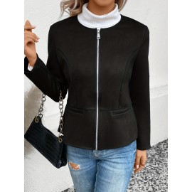 Cozy Solid Zip-Up Crew Neck Jacket - Long Sleeve, Casual, Water-Resistant, Windbreaker Outerwear for Women - Perfect for Spring and Fall Seasons, Daily Life, Outdoor Activities, and Travel