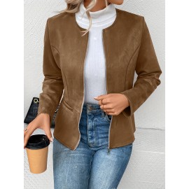 Cozy Solid Zip-Up Crew Neck Jacket - Long Sleeve, Casual, Water-Resistant, Windbreaker Outerwear for Women - Perfect for Spring and Fall Seasons, Daily Life, Outdoor Activities, and Travel