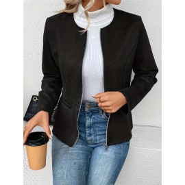Cozy Solid Zip-Up Crew Neck Jacket - Long Sleeve, Casual, Water-Resistant, Windbreaker Outerwear for Women - Perfect for Spring and Fall Seasons, Daily Life, Outdoor Activities, and Travel
