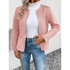 Cozy Solid Zip-Up Crew Neck Jacket - Long Sleeve, Casual, Water-Resistant, Windbreaker Outerwear for Women - Perfect for Spring and Fall Seasons, Daily Life, Outdoor Activities, and Travel