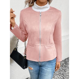 Cozy Solid Zip-Up Crew Neck Jacket - Long Sleeve, Casual, Water-Resistant, Windbreaker Outerwear for Women - Perfect for Spring and Fall Seasons, Daily Life, Outdoor Activities, and Travel