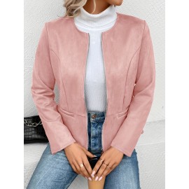 Cozy Solid Zip-Up Crew Neck Jacket - Long Sleeve, Casual, Water-Resistant, Windbreaker Outerwear for Women - Perfect for Spring and Fall Seasons, Daily Life, Outdoor Activities, and Travel