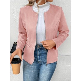 Cozy Solid Zip-Up Crew Neck Jacket - Long Sleeve, Casual, Water-Resistant, Windbreaker Outerwear for Women - Perfect for Spring and Fall Seasons, Daily Life, Outdoor Activities, and Travel
