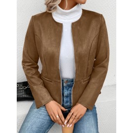 Cozy Solid Zip-Up Crew Neck Jacket - Long Sleeve, Casual, Water-Resistant, Windbreaker Outerwear for Women - Perfect for Spring and Fall Seasons, Daily Life, Outdoor Activities, and Travel