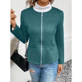 Cozy Solid Zip-Up Crew Neck Jacket - Long Sleeve, Casual, Water-Resistant, Windbreaker Outerwear for Women - Perfect for Spring and Fall Seasons, Daily Life, Outdoor Activities, and Travel