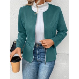 Cozy Solid Zip-Up Crew Neck Jacket - Long Sleeve, Casual, Water-Resistant, Windbreaker Outerwear for Women - Perfect for Spring and Fall Seasons, Daily Life, Outdoor Activities, and Travel