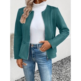 Cozy Solid Zip-Up Crew Neck Jacket - Long Sleeve, Casual, Water-Resistant, Windbreaker Outerwear for Women - Perfect for Spring and Fall Seasons, Daily Life, Outdoor Activities, and Travel