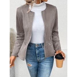 Cozy Solid Zip-Up Crew Neck Jacket - Long Sleeve, Casual, Water-Resistant, Windbreaker Outerwear for Women - Perfect for Spring and Fall Seasons, Daily Life, Outdoor Activities, and Travel