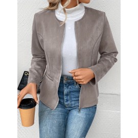 Cozy Solid Zip-Up Crew Neck Jacket - Long Sleeve, Casual, Water-Resistant, Windbreaker Outerwear for Women - Perfect for Spring and Fall Seasons, Daily Life, Outdoor Activities, and Travel