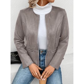 Cozy Solid Zip-Up Crew Neck Jacket - Long Sleeve, Casual, Water-Resistant, Windbreaker Outerwear for Women - Perfect for Spring and Fall Seasons, Daily Life, Outdoor Activities, and Travel