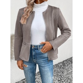 Cozy Solid Zip-Up Crew Neck Jacket - Long Sleeve, Casual, Water-Resistant, Windbreaker Outerwear for Women - Perfect for Spring and Fall Seasons, Daily Life, Outdoor Activities, and Travel