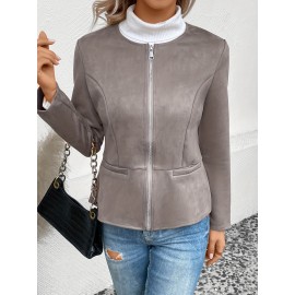 Cozy Solid Zip-Up Crew Neck Jacket - Long Sleeve, Casual, Water-Resistant, Windbreaker Outerwear for Women - Perfect for Spring and Fall Seasons, Daily Life, Outdoor Activities, and Travel