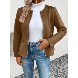 Cozy Solid Zip-Up Crew Neck Jacket - Long Sleeve, Casual, Water-Resistant, Windbreaker Outerwear for Women - Perfect for Spring and Fall Seasons, Daily Life, Outdoor Activities, and Travel