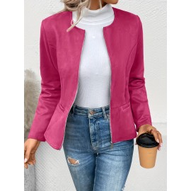 Cozy Solid Zip-Up Crew Neck Jacket - Long Sleeve, Casual, Water-Resistant, Windbreaker Outerwear for Women - Perfect for Spring and Fall Seasons, Daily Life, Outdoor Activities, and Travel