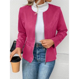 Cozy Solid Zip-Up Crew Neck Jacket - Long Sleeve, Casual, Water-Resistant, Windbreaker Outerwear for Women - Perfect for Spring and Fall Seasons, Daily Life, Outdoor Activities, and Travel