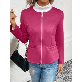 Cozy Solid Zip-Up Crew Neck Jacket - Long Sleeve, Casual, Water-Resistant, Windbreaker Outerwear for Women - Perfect for Spring and Fall Seasons, Daily Life, Outdoor Activities, and Travel
