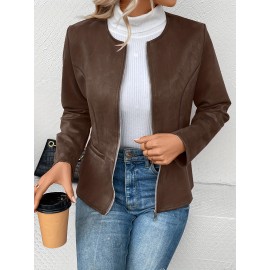 Cozy Solid Zip-Up Crew Neck Jacket - Long Sleeve, Casual, Water-Resistant, Windbreaker Outerwear for Women - Perfect for Spring and Fall Seasons, Daily Life, Outdoor Activities, and Travel