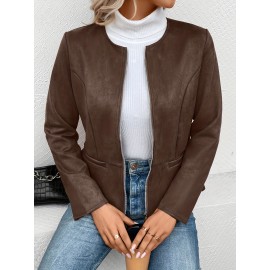 Cozy Solid Zip-Up Crew Neck Jacket - Long Sleeve, Casual, Water-Resistant, Windbreaker Outerwear for Women - Perfect for Spring and Fall Seasons, Daily Life, Outdoor Activities, and Travel