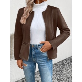 Cozy Solid Zip-Up Crew Neck Jacket - Long Sleeve, Casual, Water-Resistant, Windbreaker Outerwear for Women - Perfect for Spring and Fall Seasons, Daily Life, Outdoor Activities, and Travel