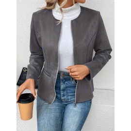 Cozy Solid Zip-Up Crew Neck Jacket - Long Sleeve, Casual, Water-Resistant, Windbreaker Outerwear for Women - Perfect for Spring and Fall Seasons, Daily Life, Outdoor Activities, and Travel