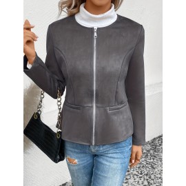 Cozy Solid Zip-Up Crew Neck Jacket - Long Sleeve, Casual, Water-Resistant, Windbreaker Outerwear for Women - Perfect for Spring and Fall Seasons, Daily Life, Outdoor Activities, and Travel