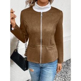Cozy Solid Zip-Up Crew Neck Jacket - Long Sleeve, Casual, Water-Resistant, Windbreaker Outerwear for Women - Perfect for Spring and Fall Seasons, Daily Life, Outdoor Activities, and Travel