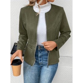 Cozy Solid Zip-Up Crew Neck Jacket - Long Sleeve, Casual, Water-Resistant, Windbreaker Outerwear for Women - Perfect for Spring and Fall Seasons, Daily Life, Outdoor Activities, and Travel