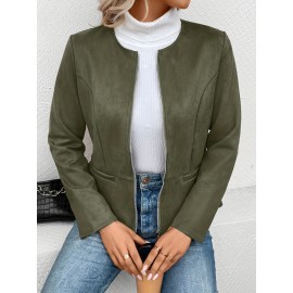 Cozy Solid Zip-Up Crew Neck Jacket - Long Sleeve, Casual, Water-Resistant, Windbreaker Outerwear for Women - Perfect for Spring and Fall Seasons, Daily Life, Outdoor Activities, and Travel