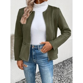 Cozy Solid Zip-Up Crew Neck Jacket - Long Sleeve, Casual, Water-Resistant, Windbreaker Outerwear for Women - Perfect for Spring and Fall Seasons, Daily Life, Outdoor Activities, and Travel