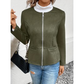 Cozy Solid Zip-Up Crew Neck Jacket - Long Sleeve, Casual, Water-Resistant, Windbreaker Outerwear for Women - Perfect for Spring and Fall Seasons, Daily Life, Outdoor Activities, and Travel