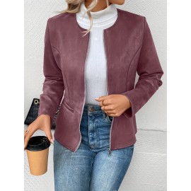 Cozy Solid Zip-Up Crew Neck Jacket - Long Sleeve, Casual, Water-Resistant, Windbreaker Outerwear for Women - Perfect for Spring and Fall Seasons, Daily Life, Outdoor Activities, and Travel