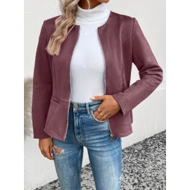 Cozy Solid Zip-Up Crew Neck Jacket - Long Sleeve, Casual, Water-Resistant, Windbreaker Outerwear for Women - Perfect for Spring and Fall Seasons, Daily Life, Outdoor Activities, and Travel