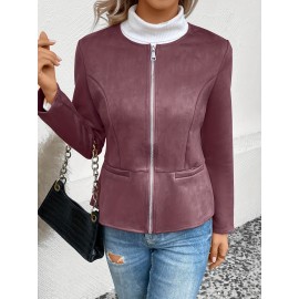 Cozy Solid Zip-Up Crew Neck Jacket - Long Sleeve, Casual, Water-Resistant, Windbreaker Outerwear for Women - Perfect for Spring and Fall Seasons, Daily Life, Outdoor Activities, and Travel