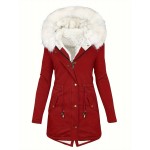 Womens Chic Thermal Parka Coat with Faux Fur Hood - Zip & Button Closure, Front Pockets, Ideal for Cold Weather