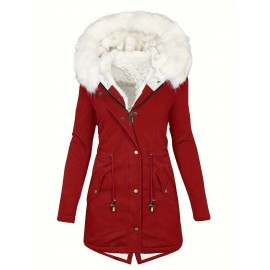 Womens Chic Thermal Parka Coat with Faux Fur Hood - Zip & Button Closure, Front Pockets, Ideal for Cold Weather