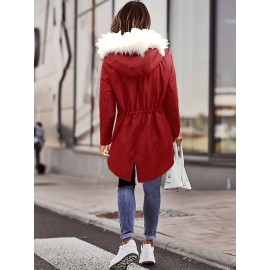 Womens Chic Thermal Parka Coat with Faux Fur Hood - Zip & Button Closure, Front Pockets, Ideal for Cold Weather