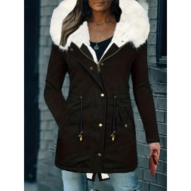 Womens Chic Thermal Parka Coat with Faux Fur Hood - Zip & Button Closure, Front Pockets, Ideal for Cold Weather