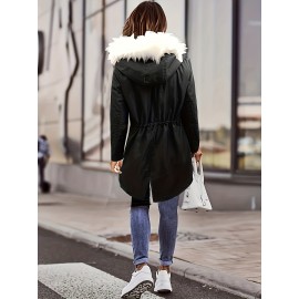 Womens Chic Thermal Parka Coat with Faux Fur Hood - Zip & Button Closure, Front Pockets, Ideal for Cold Weather