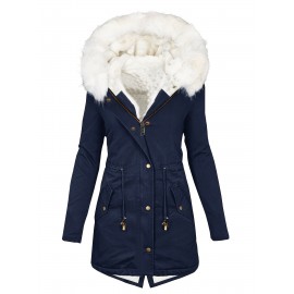 Womens Chic Thermal Parka Coat with Faux Fur Hood - Zip & Button Closure, Front Pockets, Ideal for Cold Weather