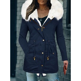 Womens Chic Thermal Parka Coat with Faux Fur Hood - Zip & Button Closure, Front Pockets, Ideal for Cold Weather