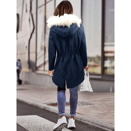 Womens Chic Thermal Parka Coat with Faux Fur Hood - Zip & Button Closure, Front Pockets, Ideal for Cold Weather