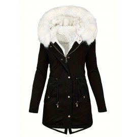 Womens Chic Thermal Parka Coat with Faux Fur Hood - Zip & Button Closure, Front Pockets, Ideal for Cold Weather